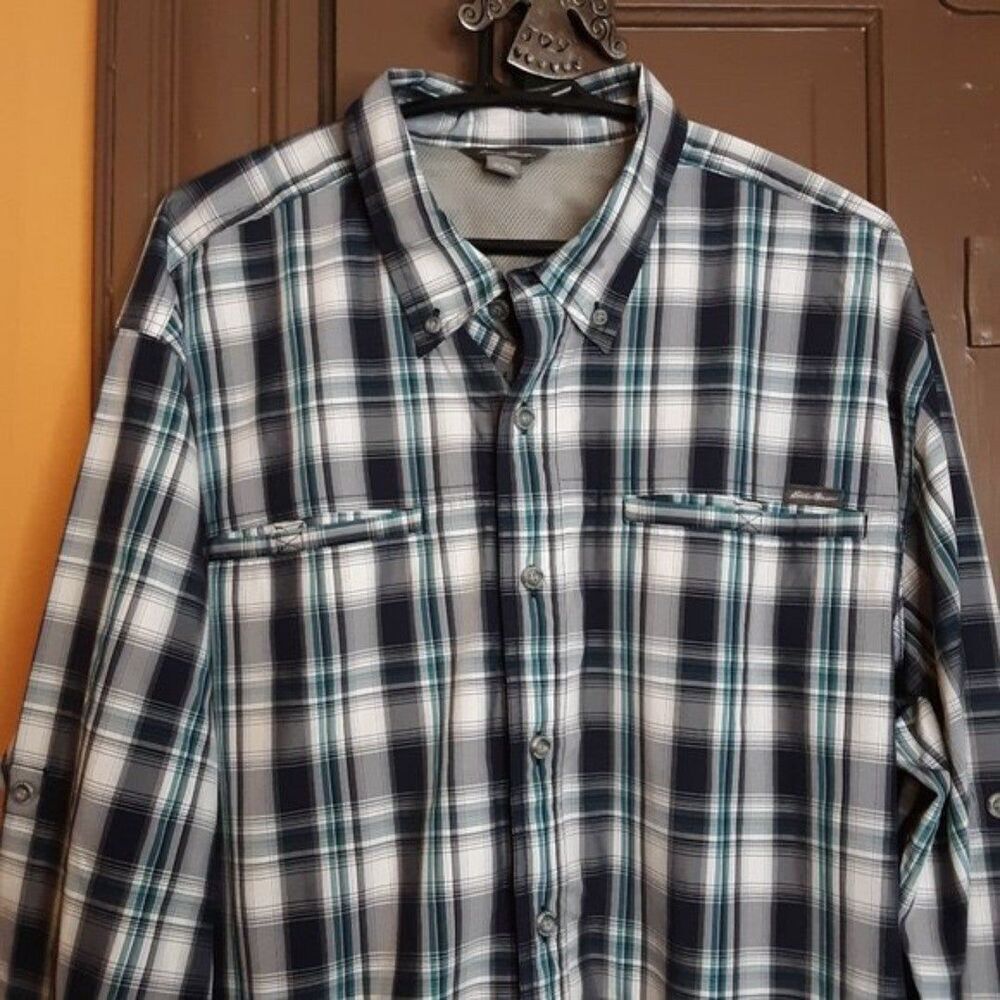 Eddie Bauer Men Green Grey Button Down Long Sleeve Shirt size TXL